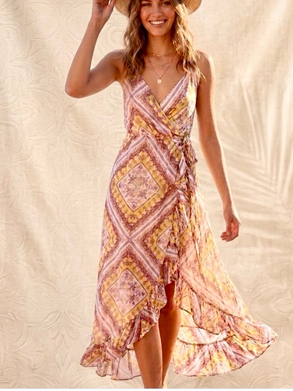 VANESSA SCOTT Sleeveless Yellow/Mauve Multi Abstract Print Wrap Maxi Dress: M